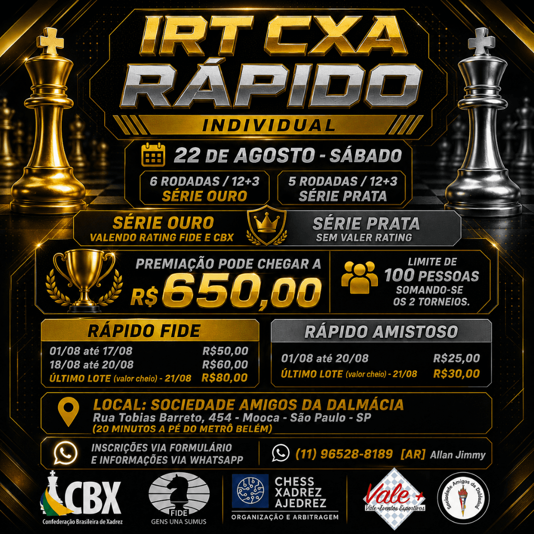 Imagem de divulgação do evento IRT CXA RÁPIDO 12+3 / 6 RODADAS SÉRIE OURO / 5 RODADAS SÉRIE PRATA